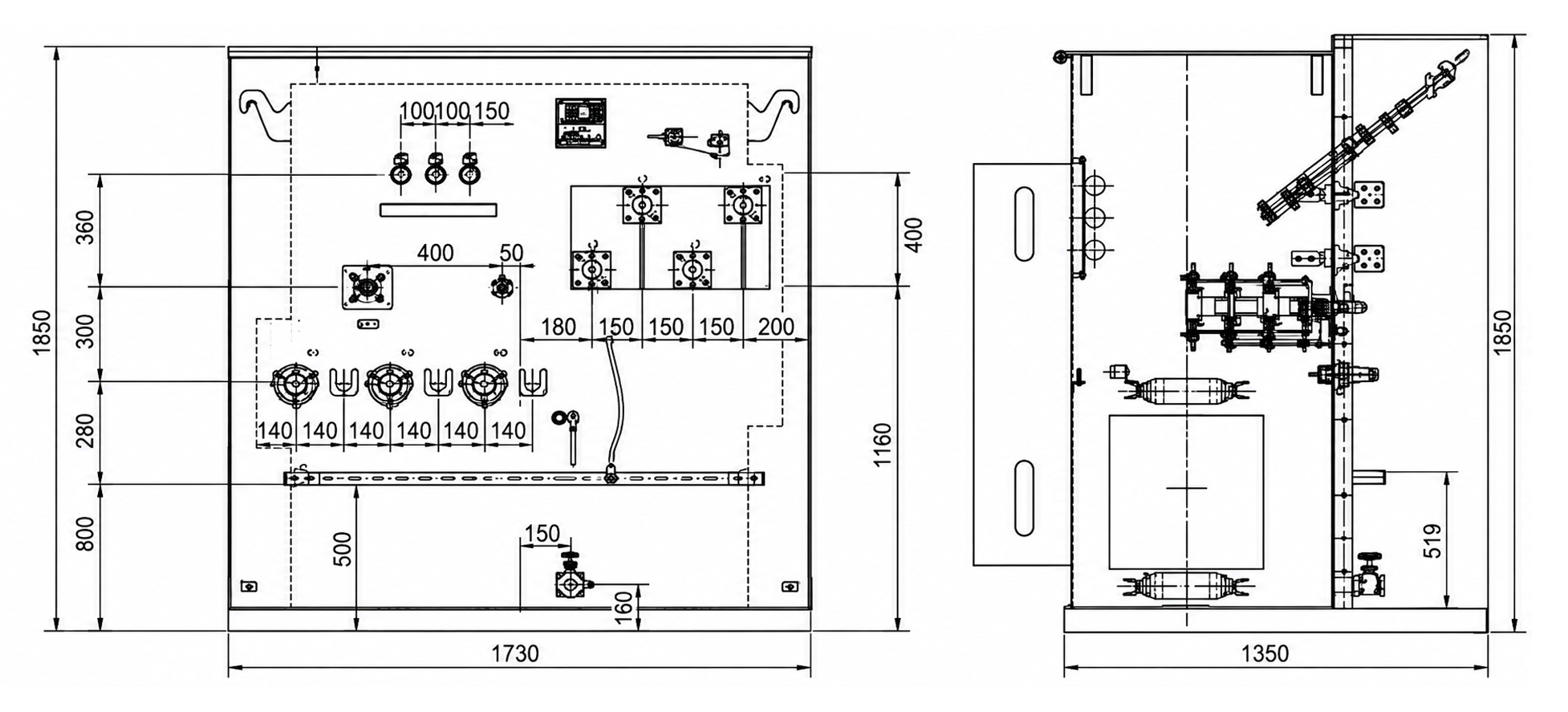 1000 kVA Pad-Mounted Three-Phase Transformer Line Drawing