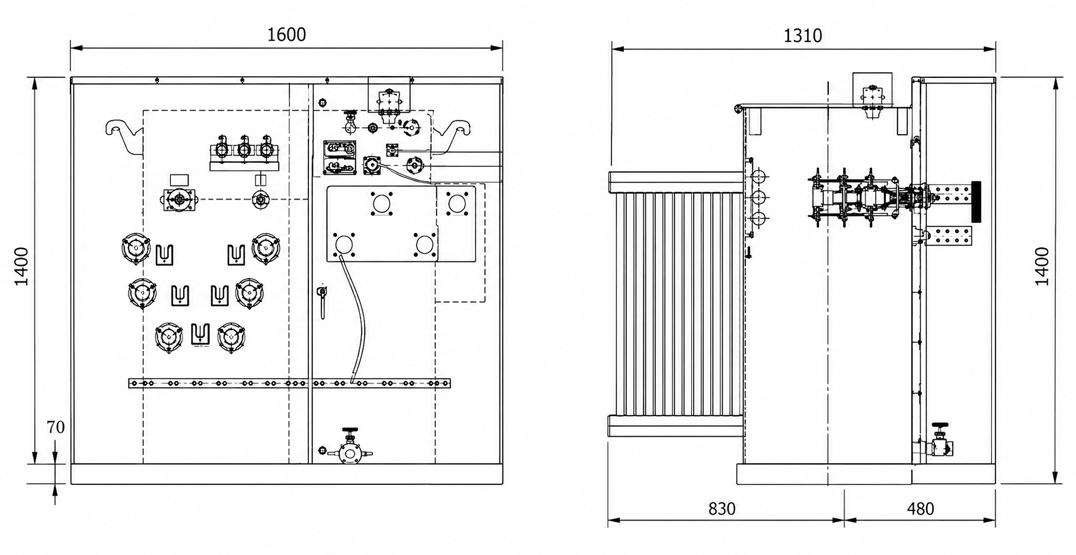 1250 kVA 3-Phase Padmount Transformer line drawing