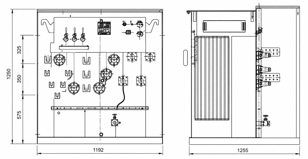 Line drawing of a 750 kVA pad-mounted transformer